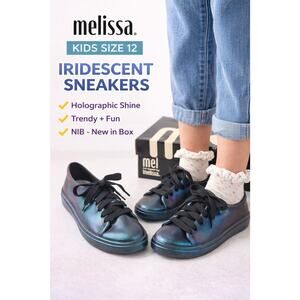 Melissa Kids Size 12 Oil Slick Lace Up Sneakers NIB Holographic Black Shoes Chic